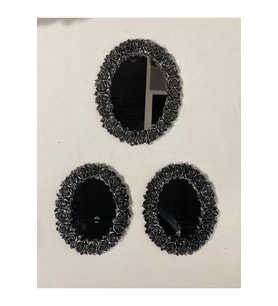 Dekoratif Polyester Üçlü Otantik Çiçek Desenli Ayna Takımı Gümüş Siyah Eskitme
