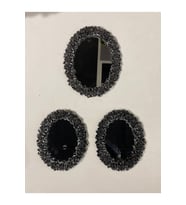 Dekoratif Polyester Üçlü Otantik Çiçek Desenli Ayna Takımı Gümüş Siyah Eskitme