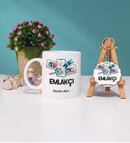 Emlakçı Tasarımlı Kişiye Özel Hediye Emlakçı Kupa Bardak ve Ahşap Anahtarlık Hediye Seti