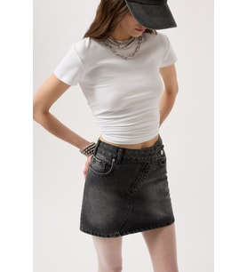Asimetrik Kemer Denim Mini Etek (Siyah)