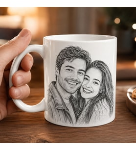 BK Gift Kişiye Özel Karakalem Çizimli Fotoğraflı Beyaz Kupa Bardak