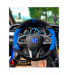 Honda Civic FC5 Dikme Direksiyon Kılıfı Delikli Deri Parlak Siyah Mavi Detay Çift Yüzük ve Dikiş 2016-2021