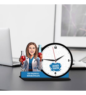 Kadın Hematoloğa Hediye Karikatürlü MDF Masa Saati