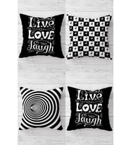 Live Love Laugf Fikamongo Desen Gizli Fermuarlı Kırlent Kılıfı Koltuk Yastık Kılıfı Takım(4adet) (Beyaz-Siyah)