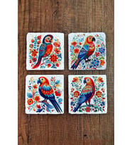 Doğal Taş Bardak Altlığı 4'lü Set 10x10x1 Cm Renkli Papağan Desenleri -stone Coasters