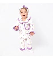 Kız Çocuk Ekru Mor Lale Desenli Fırfırlı Bandanalı Pijama Takımı