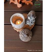 Rustik Sincap Figürlü Meşe Palamudu Mumluk – Tealight LED Mum Hediyeli  17 × 14 × 13 cm (Gri)