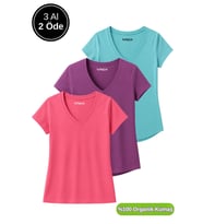 Kadın 3'lü Paket Turkuvaz-Mor-Pembe %100 Organik Pamuk Normal Kesim Tişört V Yaka T-Shirt