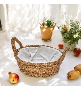 El Yapımı Doğal Hasır Kulplu Çok Amaçlı Dekoratif Yuvarlak Sepet, Hasır Kulplu Ekmek Sepeti (27x8cm)