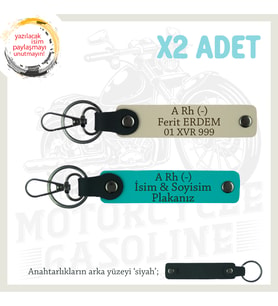 Motor Sürücüsüne, İsim Plaka ve A Rh (-) Kan Grubu Yazılı x2 Anahtarlık Set, K Turkuaz-S Kahve-Syh
