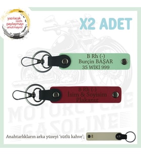 Motorcu İçin İsim Plaka ve B Rh (-) Kan Grubu Yazılı 2'li Anahtarlık Hediye Set, Kırmızı-Yeşil-SK (Çok Renkli)