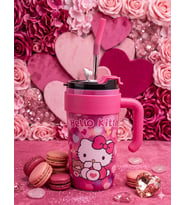Pipetli Çelik Termos Bardak 900ml - Hello Kitty, Pikachu, Stitch Tasarımlı Sızdırmaz Mug Kupa Matara (Pudra Pembe)