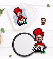 BK Gift Kişiye Özel Erkek Chef Karikatürlü Beyaz Kupa ve Ahşap Bardak Altlığı Hediye Seti-10