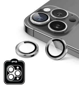 iPhone 15 Pro / Pro Max için IPG ProLENS Kamera Lens Koruyucu Alüminyum CD Çerçeveli, Kırılmaz Cam (Gümüş)
