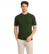 Erkek Yazlık Fitilli Triko Tişört Kısa Kol Bisiklet Yaka T-Shirt - Haki