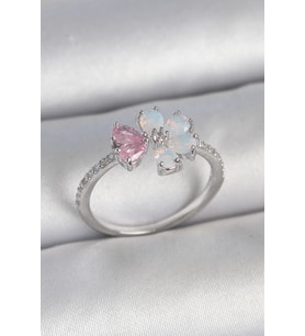 Pirinç Gümüş Renk Beyaz Mineli Pembe Zirkon Taşlı Çiçek Model Kadın Yüzük TJ-BYK3708