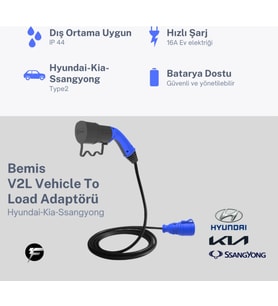 Bemis V2L (Vehicle to Load) Elektrikli Araç Uyumlu Tekli Priz Uzatma Adaptörü – 3 Metre – Hyundai-Kia- Ssangyong