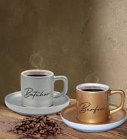 BK Gift Kişiye Özel Harfli İsimli Mat Gümüş Yaldız ve Mat Altın Yaldız Renkli İkili Türk Kahvesi Fincan Seti-6, Ev Hediyesi, Arkadaşa Hediye, Doğum Günü Hediyesi