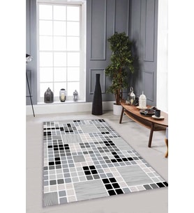 Gri Geometrik Kaymaz Tabanlı Makinede Yıkanabilir Halı PUZ01 - 100 x 160 cm