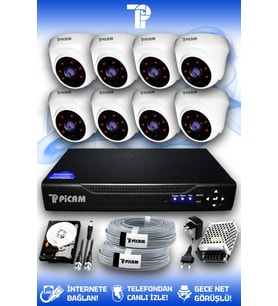 PICAM 8 Kameralı Dome 8 İç Kamera Set 100 GB HDD Full HD Gece Görüşlü Güvenlik Kamerası Sistemi