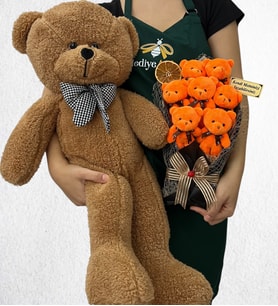 Kişiye Özel 7'li Peluş Ayıcık Buketi ve Büyük Boy Kahverengi Peluş Ayıcık (Model 5)