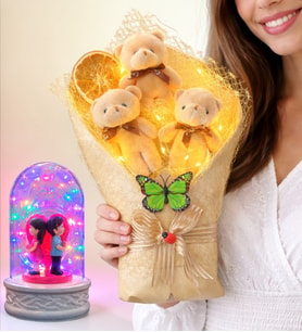 Premium Led Işıklı Büyük Peluş Ayıcık Buketi (Renkli Led Işıklı Sırt Sırta Fanus Hediyeli)