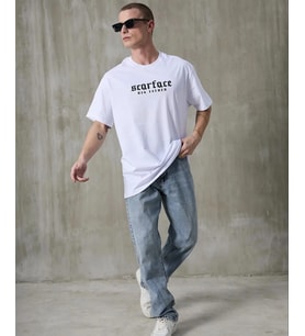 Erkek Kısa Kol Yazlık Tişört Bisiklet Yaka Baskılı Oversize T-Shirt - Beyaz
