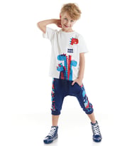 Dino Dudes Erkek Çocuk T-shirt Kapri Şort Takım (Lacivert-Beyaz)