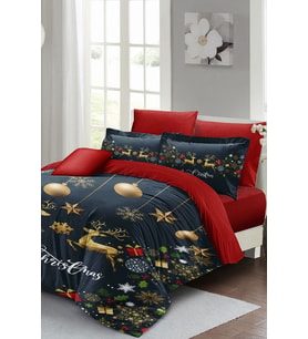 Yılbaşı Nevresim Takımı (Lastikli Çarşaflı) Çift Kişilik %100 Pamuk Saten Deer Noel