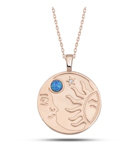 Gümüş Rose Opal Mavi Taşlı Ay Güneş Kadın Kolye