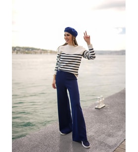 Styleboom X Peraluna MARLENE TROUSER Düğme Detaylı Rahat Kesim Kadın Triko Pantolon - Lacivert