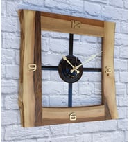 Markakanvas Doğal Ceviz Masif Ahşap,Metal Kare Duvar Saati 50x50cm