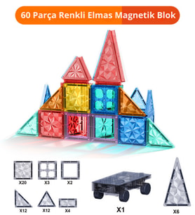 1 Araba Parçalı Mıknatıslı Manyetik Yapı Blokları 60 Parça Mag-na Tiles Eğitici Steam Oyun Seti