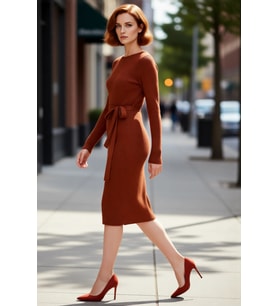 Kadın Düz Desen Akrilik Triko Midi Elbise Kuşaklı Uzun Kollu Rahat Bodycon Kesim İlkbahar Sonbahar