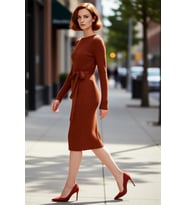 Kadın Düz Desen Akrilik Triko Midi Elbise Kuşaklı Uzun Kollu Rahat Bodycon Kesim İlkbahar Sonbahar