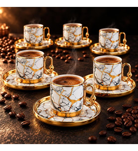 Valkyrie 12 Parça 6 Kişilik 80 ml Türk Kahvesi Fincan Takımı Gold Mermer Desenli