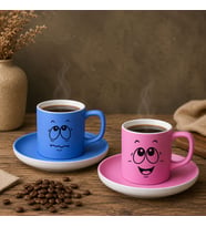 BK Gift 2'li Mavi ve Pembe Renkli Emoji Yüz Tasarımlı Seramik Türk Kahvesi Fincanı Takımı-2