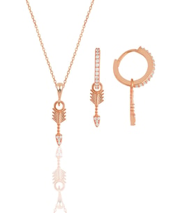 Gümüş rose zirkon taşlı ok kolye ve küpe ikili set SGTL11883ROSE