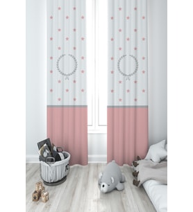MEKTA HOME BEBEK VE ÇOCUK ODASI Çelenk ve Yıldız Desenli Pembe Gri Çerçeveli 2 Kanat Fon Perde