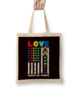 Love Needs No Words US American Flag Autism Puzzle Autistic Bez Çanta Uzun Saplı