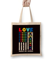 Love Needs No Words US American Flag Autism Puzzle Autistic Bez Çanta Uzun Saplı