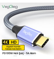 USB 3.1 Type-C PD 100W 5A 10Gbps 4K 60Hz Destekli Kablo 2 Metre