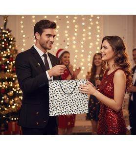 44×18×34,5 cm Kalpli Saplı Özel Figürlü Varaklı Lüks Yılbaşı Hediyelik Karton Çanta
