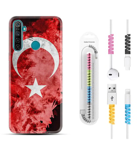 Realme 5i 5 Pro 6i 7 Pro 8 Kılıf Kablo Koruma Spiral Silikon Şanlı Türk Bayrağı 1315