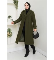 kadın düğme detaylı astarlı midi boy kuşaklı kaşe kaban NBFT004
