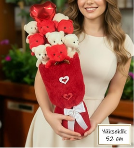 Deluxe Kırmızı-Beyaz Peluş Ayıcık Kalp Balonlu Peluş Vazo Tasarımlı Ayıcık Buketi Sevgiliye Hediye