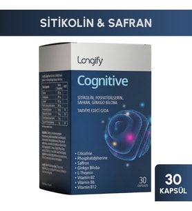 Longify Cognitive Sitikolin, Fosfatidilserin, Safran, Ginkgo Biloba, L-Teanin, B2, B6 ve B12 Takviye Edici Gıda 30 Kapsül
