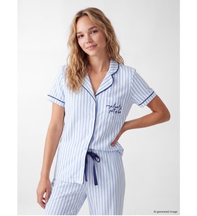 LCW DREAM Mavi Gömlek Yaka Çizgili Kadın Pijama Takımı