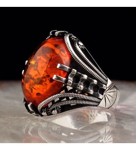 Tırnak Tasarım Baltık Kehribar Taşlı Gümüş Erkek Yüzük