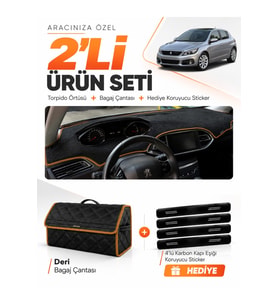 PEUGEOT 308 (2014-2021) Uyumlu Torpido Örtüsü + Deri Bagaj Çantası + Sticker Seti - Siyah Kahverengi